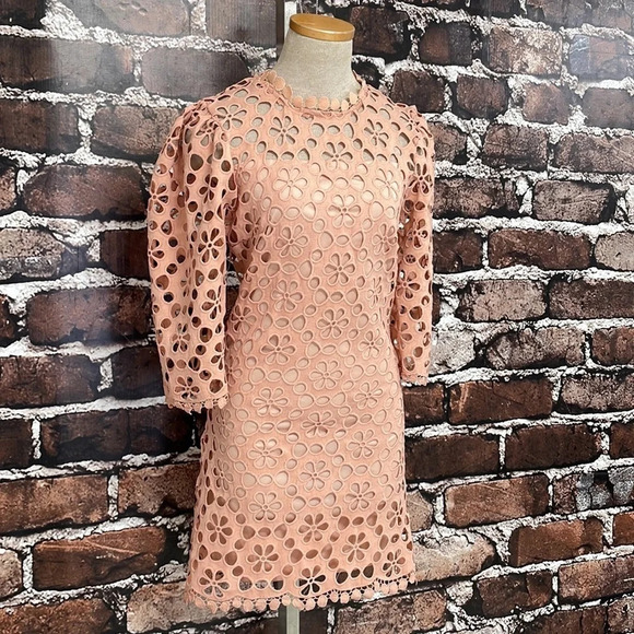 Just Me Lattice Dress NWT Long Sleeve Cut Out Floral Midi Pink Size Medium M - Picture 8 of 17